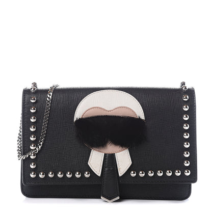 Fendi Vitello Elite Mink Fur Studded Karlito Tube Wallet on Chain Black 1 of 10