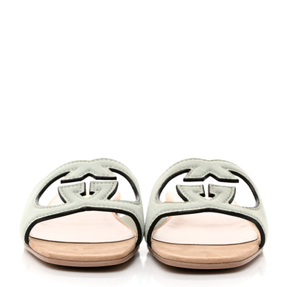 Gucci Kid Scamosciato Interlocking G Cut Out Slide Sandals 38 Pale Green 2 of 7