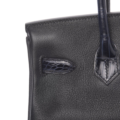 Hermes Taurillon Novillo Shiny Niloticus Crocodile Birkin Touch 30 Black Bleu Marine 30 of 38