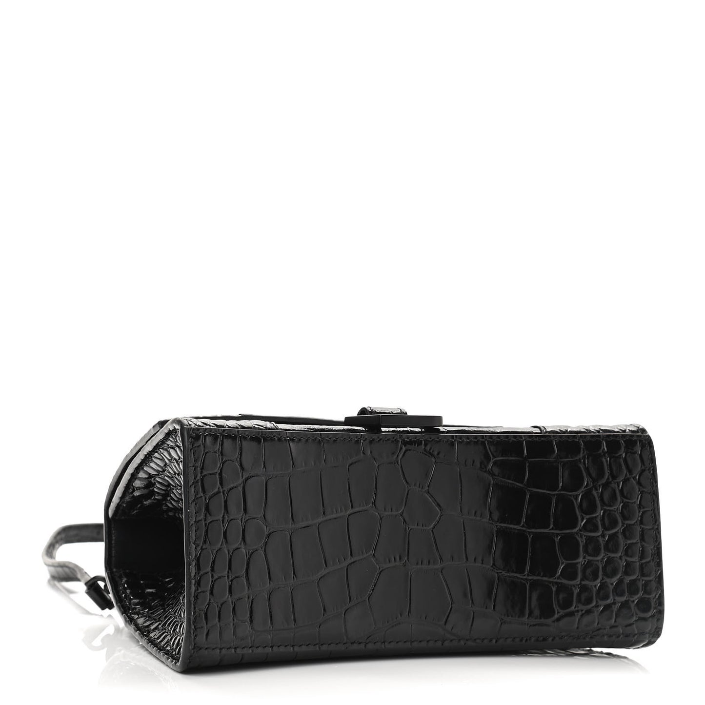 Shiny Calfskin Monochrome Crocodile Embossed Small Hourglass Top Handle Bag Black