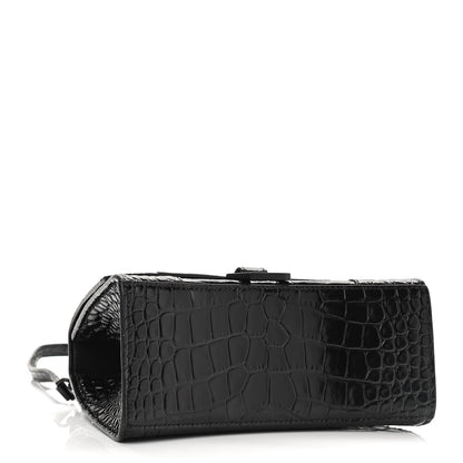 Balenciaga Shiny Calfskin Monochrome Crocodile Embossed Small Hourglass Top Handle Bag Black 4 of 10