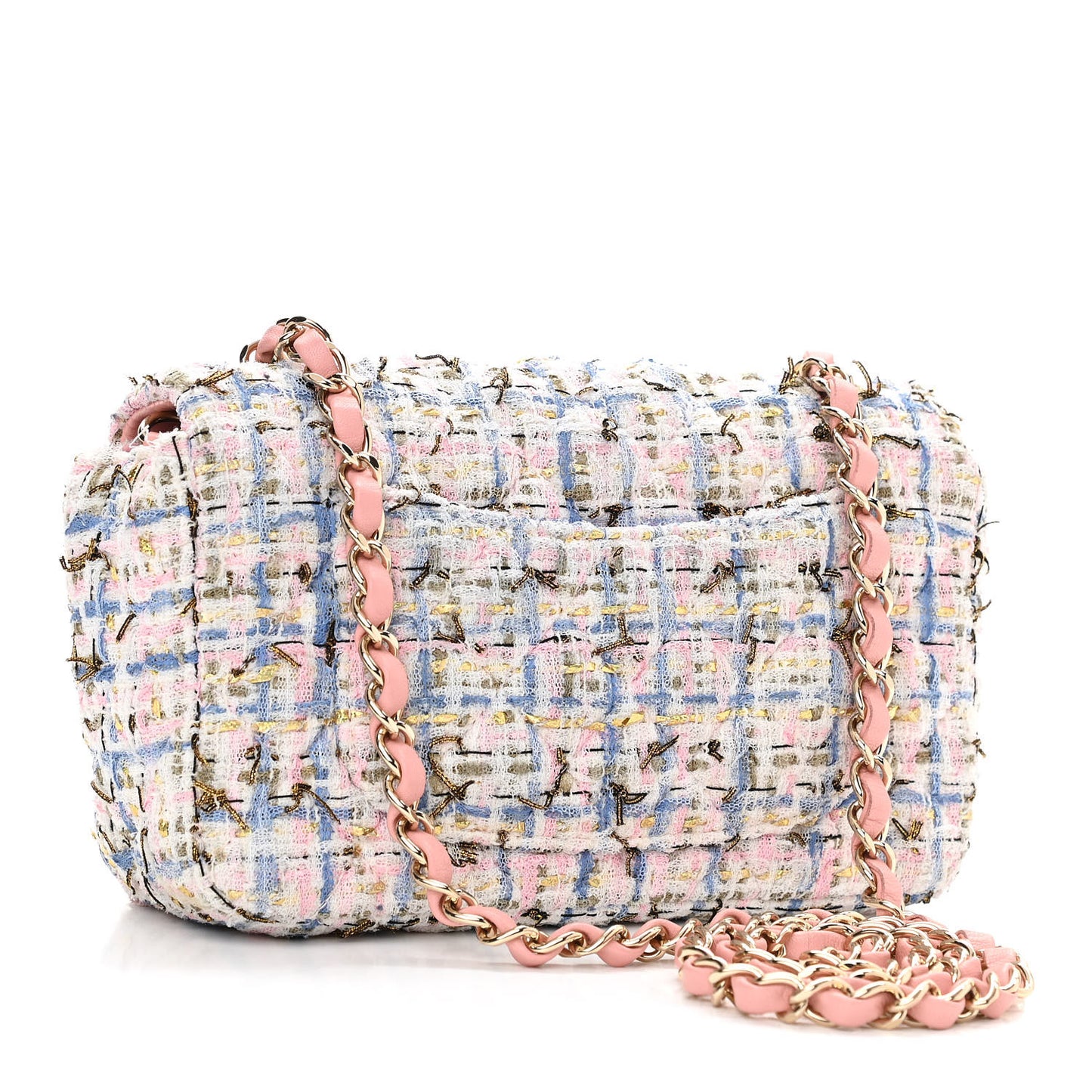 Tweed Quilted Mini Rectangular Flap Light Blue Pink Gold White
