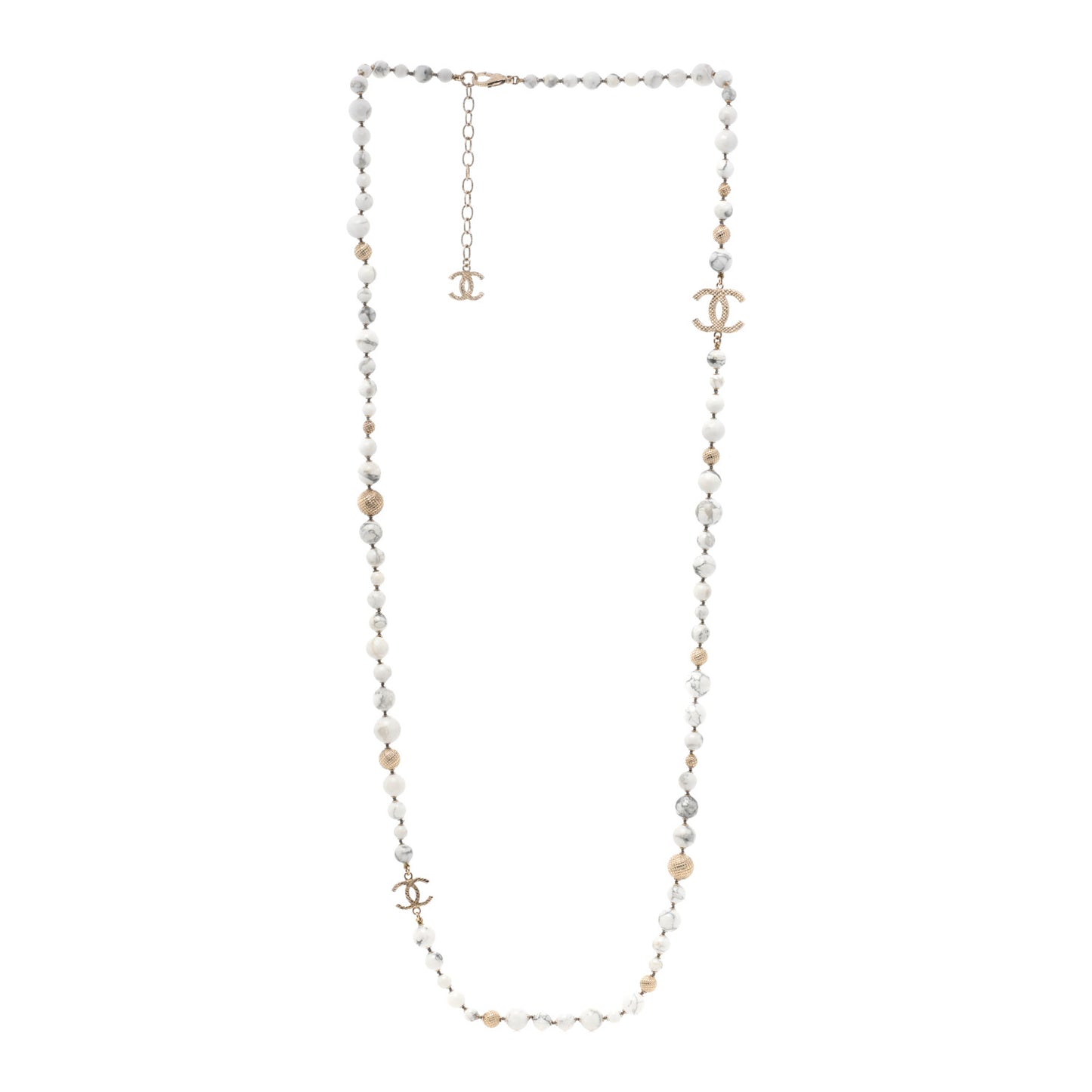 Marble Beaded CC Long Necklace Gold White
