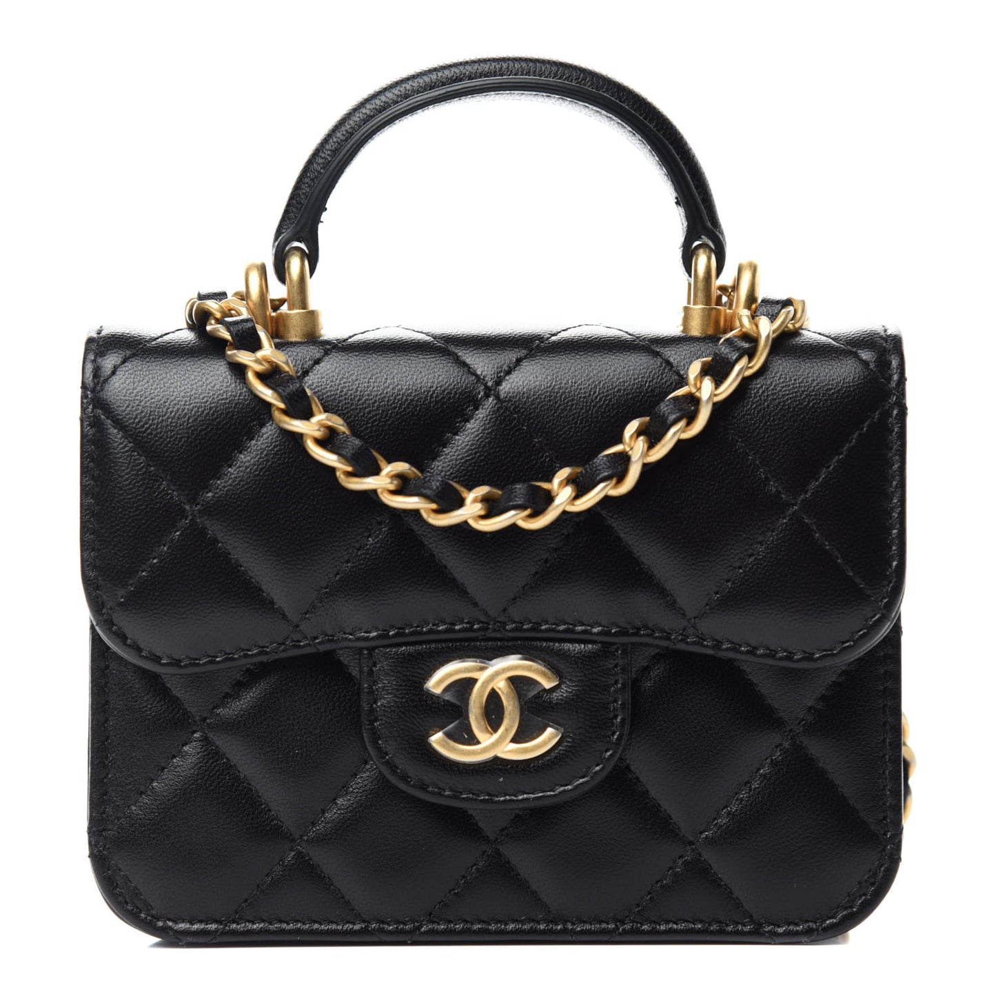 Lambskin Quilted Top Handle Flap Coin Purse With Chain Black