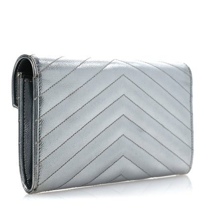 Saint Laurent Metallic Grain De Poudre Matelasse Chevron Monogram Flap Wallet Silver 3 of 16