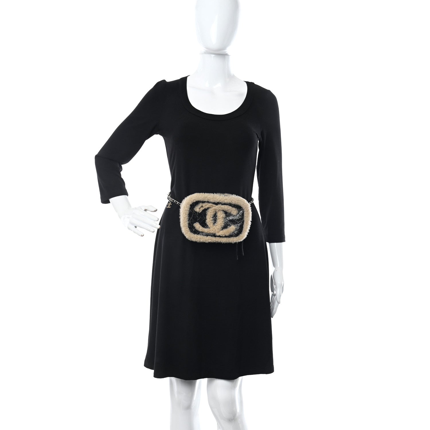 Chanel Shiny Crumpled Sheepskin Shearling Waist Bag Black Beige 2 of 10