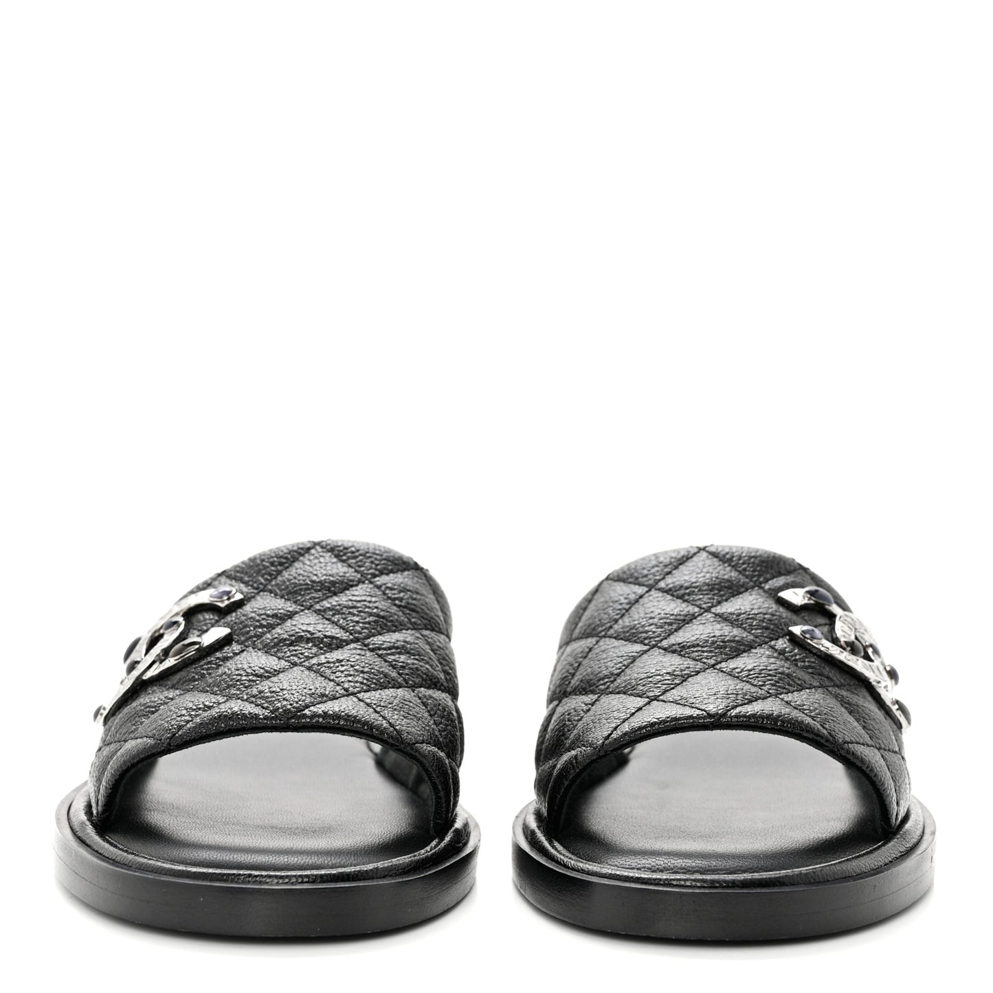 Shiny Goatskin Quilted CC Mules Sandals 38.5 Black
