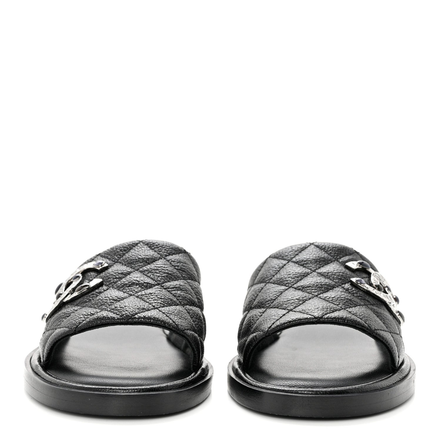 Chanel Shiny Goatskin Quilted CC Mules Sandals 38.5 Black 2 of 9