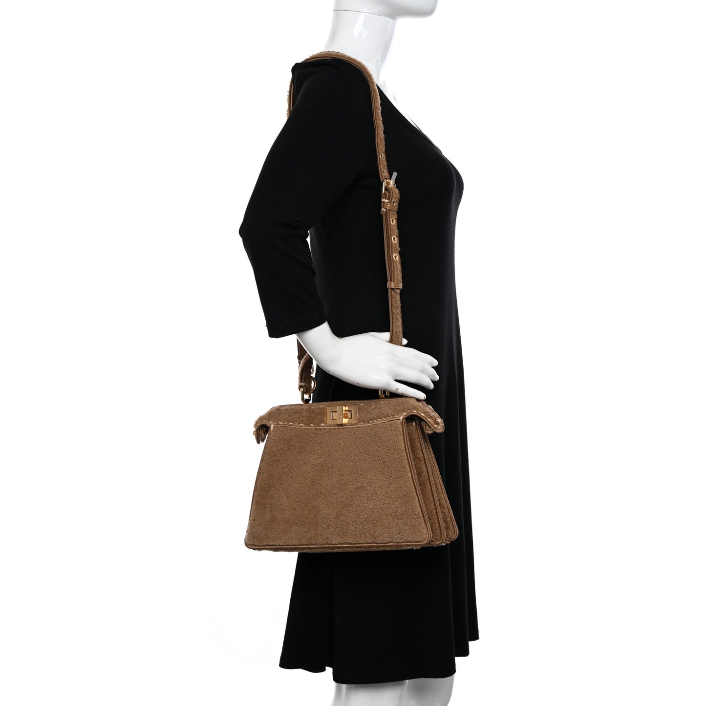 Curly Shearling Shiny Nappa Small Peekaboo I SEE U Satchel Camel