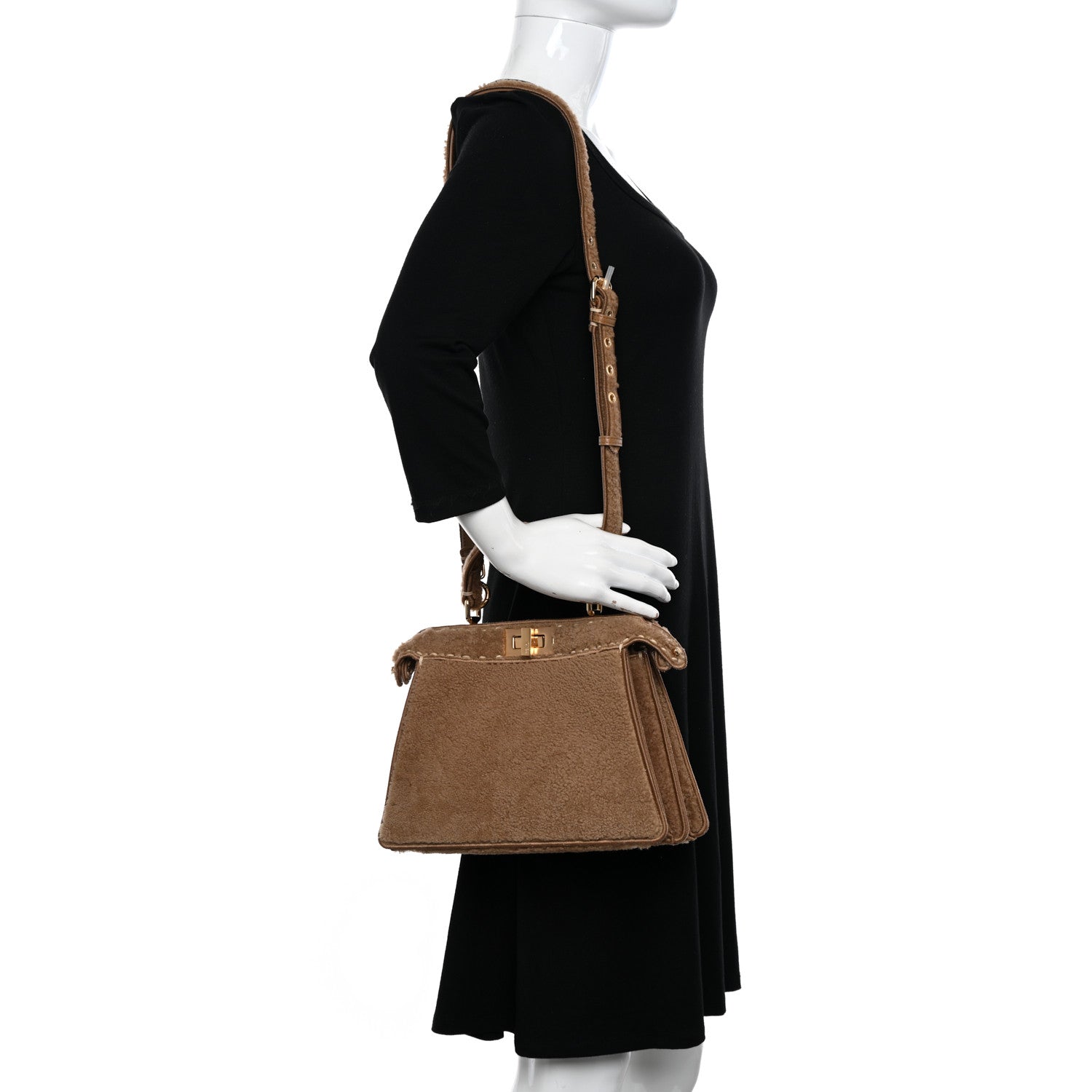Fendi Curly Shearling Shiny Nappa Small Peekaboo I SEE U Satchel Camel 2 of 11