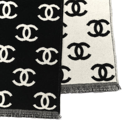 Chanel Wool Cashmere CC Scarf Black White 3 of 4