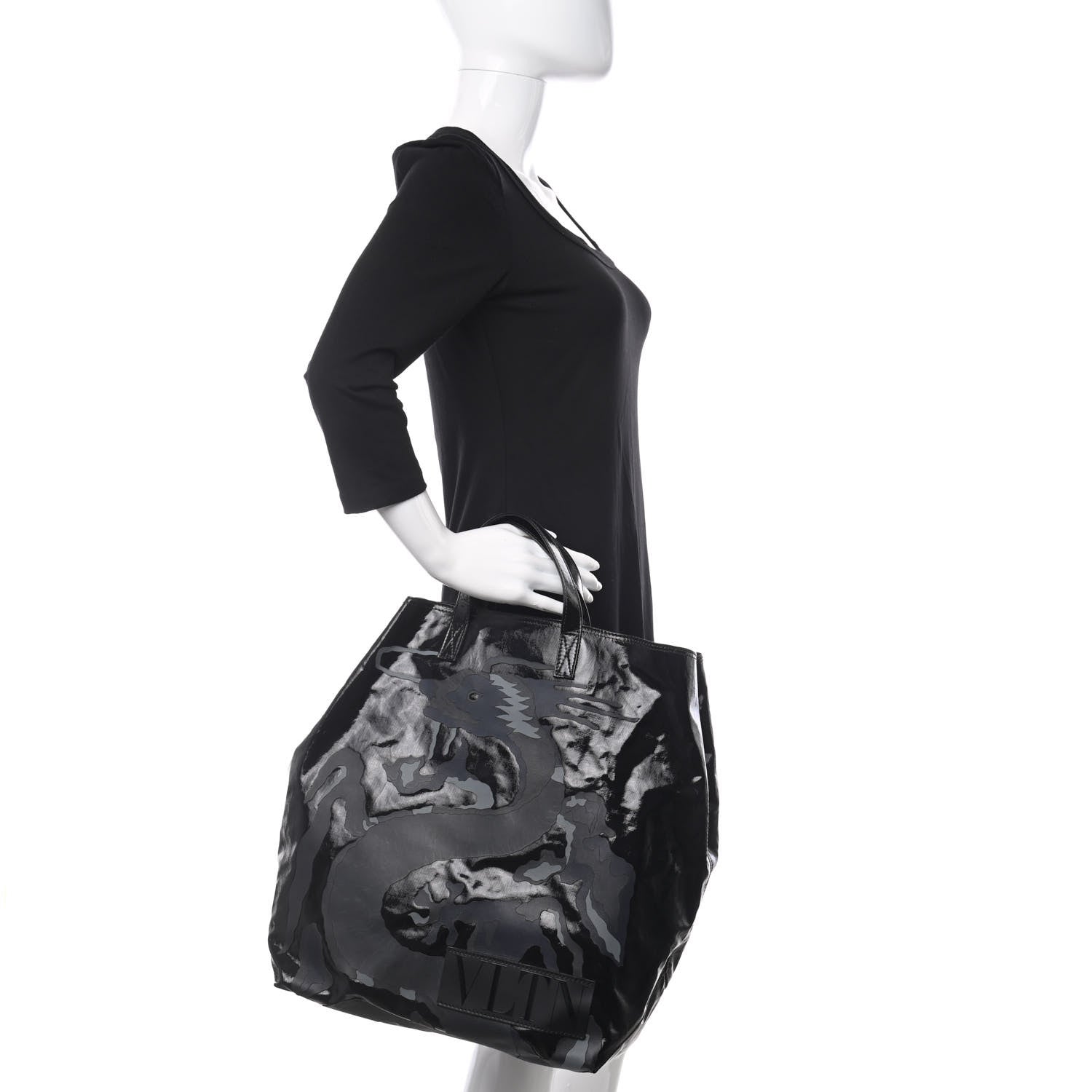 Valentino Garavani Coated Canvas Camo Embossed Dragon Vertical Tote Black 2 of 9