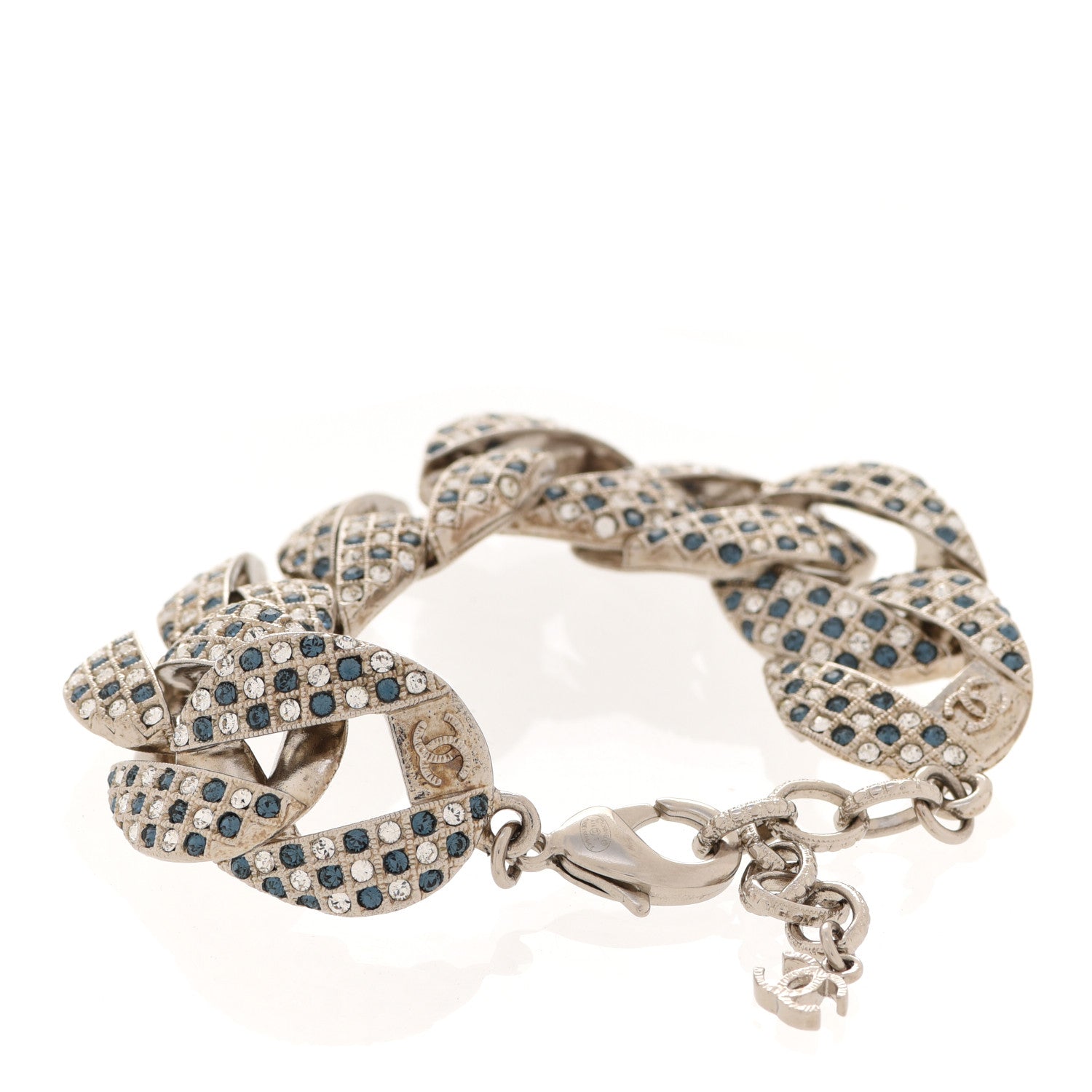 Chanel Crystal Chain Link CC Bracelet Silver Blue 4 of 6