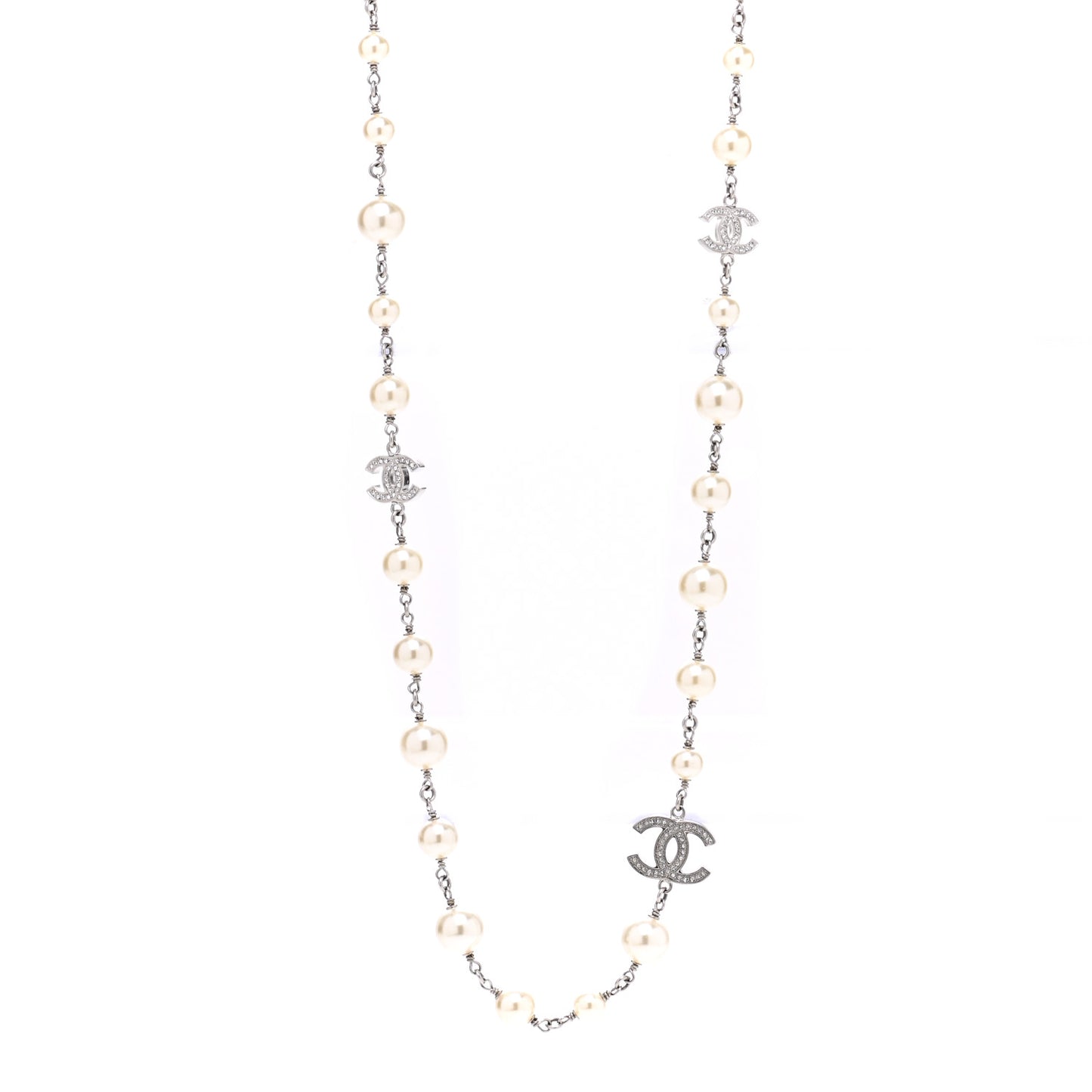 Graduated Pearl Crystal CC Long Necklace Silver