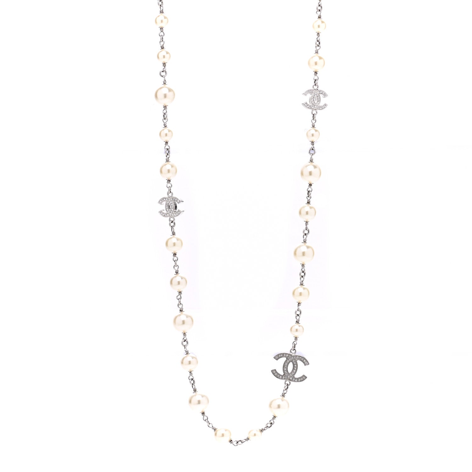 Chanel Graduated Pearl Crystal CC Long Necklace Silver 1 of 7