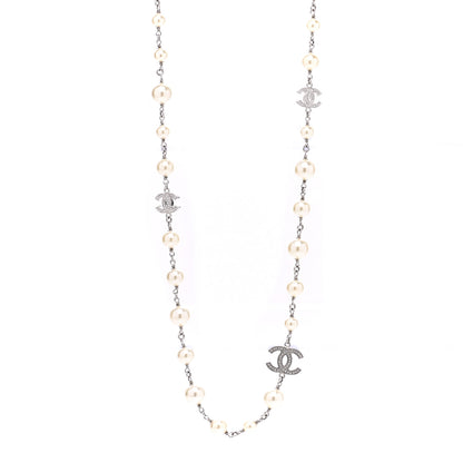 Chanel Graduated Pearl Crystal CC Long Necklace Silver 1 of 7