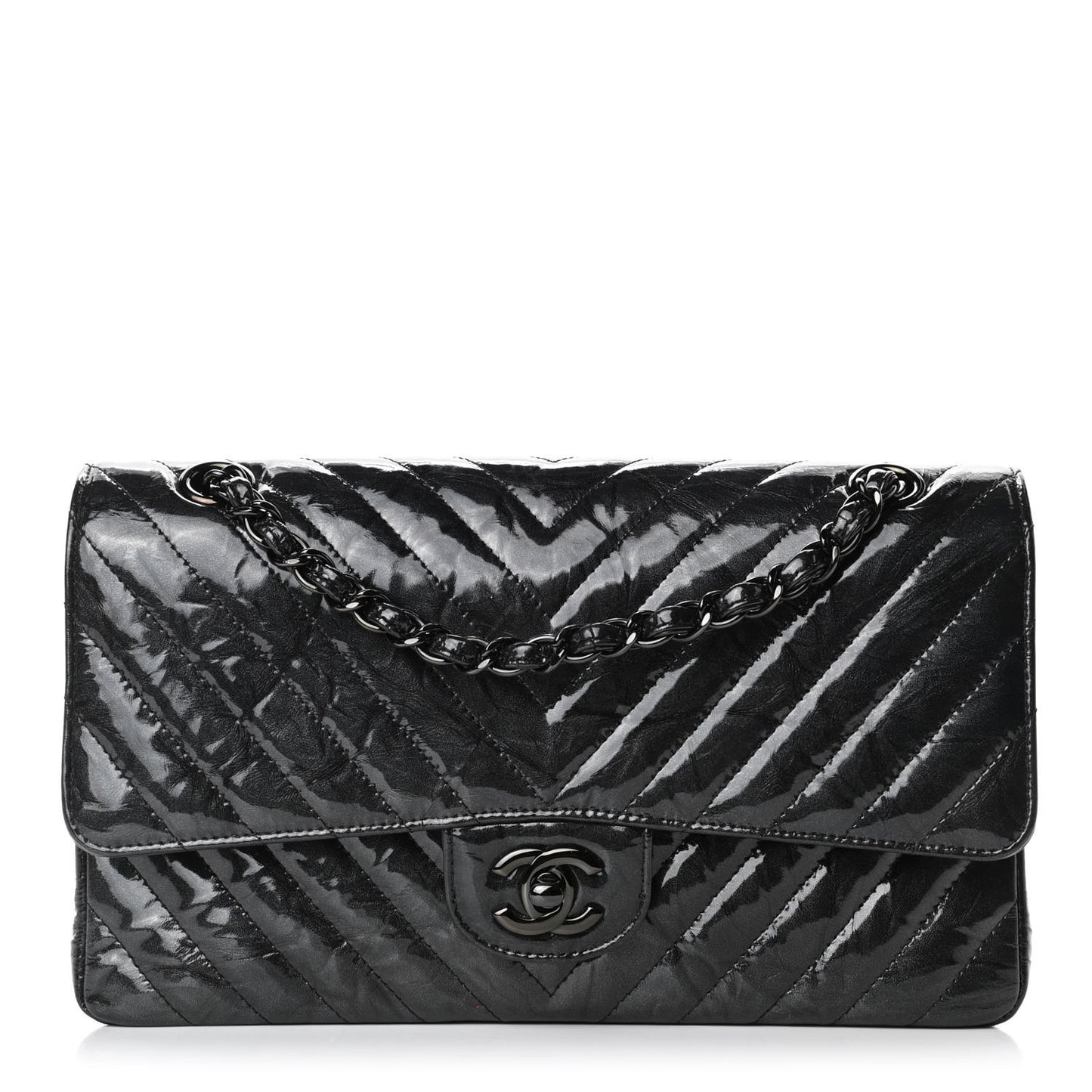Metallic Patent Crumpled Calfskin Chevron Quilted Medium Double Flap So Black