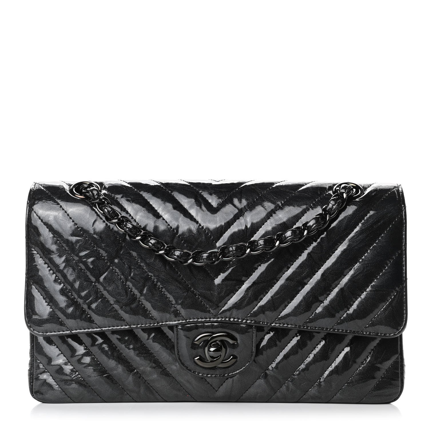 Chanel Metallic Patent Crumpled Calfskin Chevron Quilted Medium Double Flap So Black 1 of 7