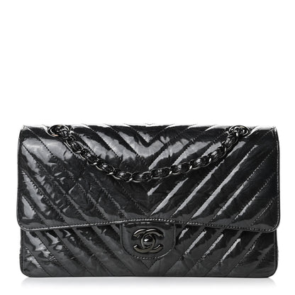 Chanel Metallic Patent Crumpled Calfskin Chevron Quilted Medium Double Flap So Black 1 of 7