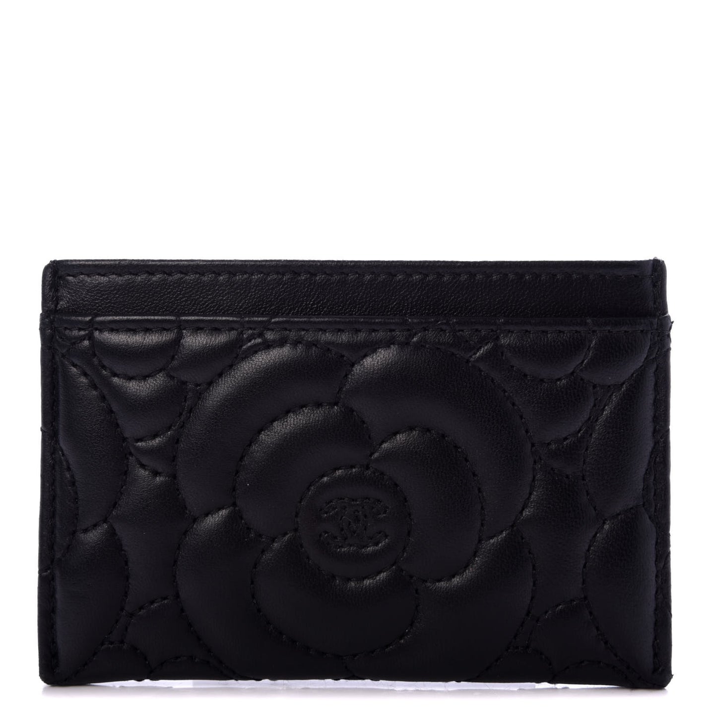 Lambskin Camellia Embossed Card Holder Black