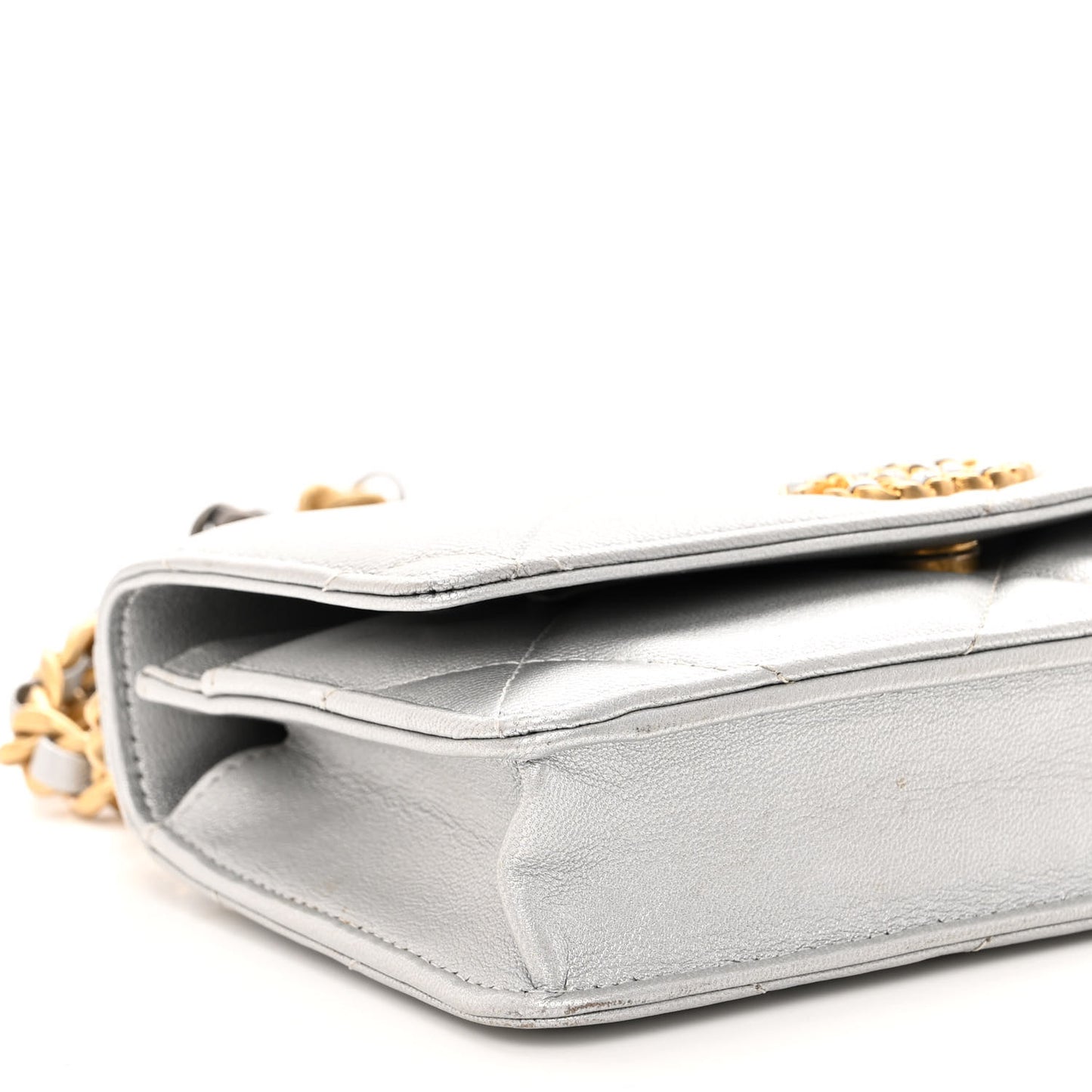 Metallic Goatskin Quilted Chanel 19 Wallet On Chain WOC Silver