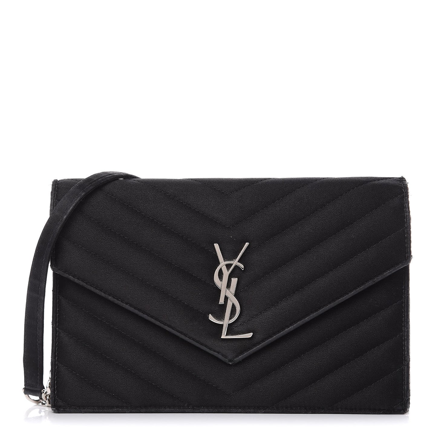 Satin Chevron Monogram Envelope Chain Wallet Black