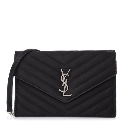 Saint Laurent Satin Chevron Monogram Envelope Chain Wallet Black 1 of 15