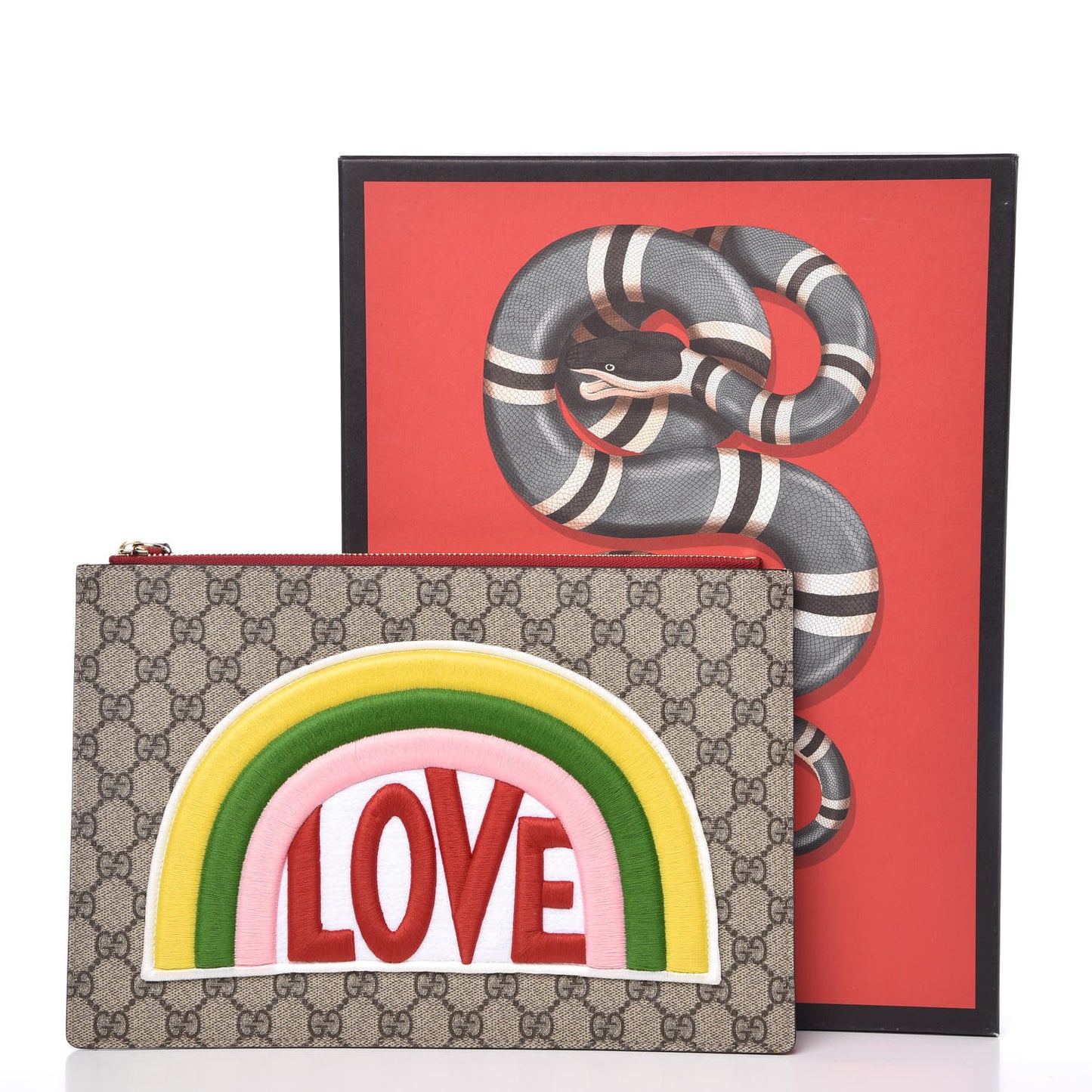 Calfskin GG Supreme Monogram Embroidered Rainbow Love Zip Pouch Red