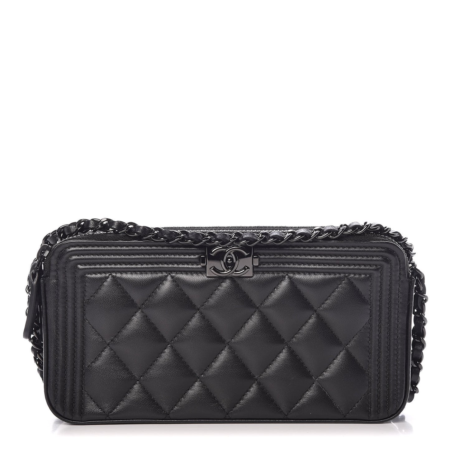 Lambskin Quilted Small Boy Clutch With Chain So Black