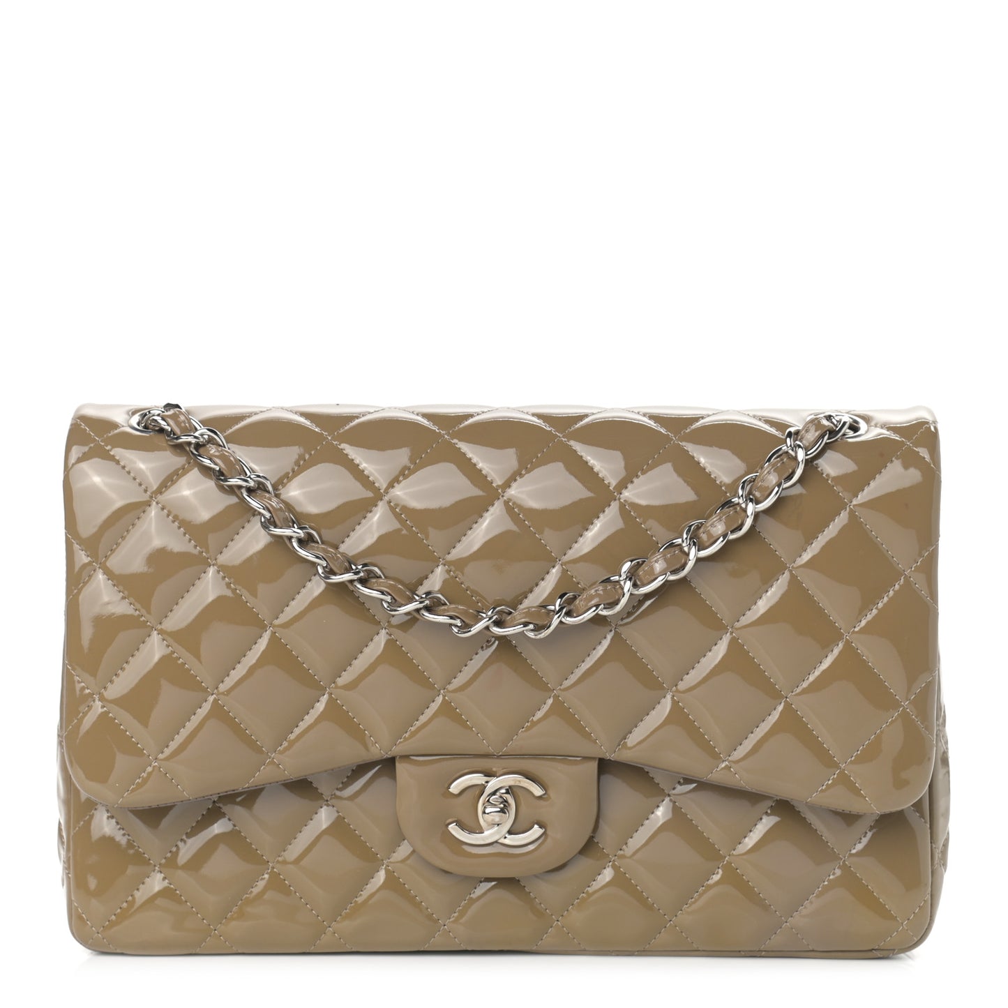 Patent Calfskin Quilted Jumbo Double Flap Grey