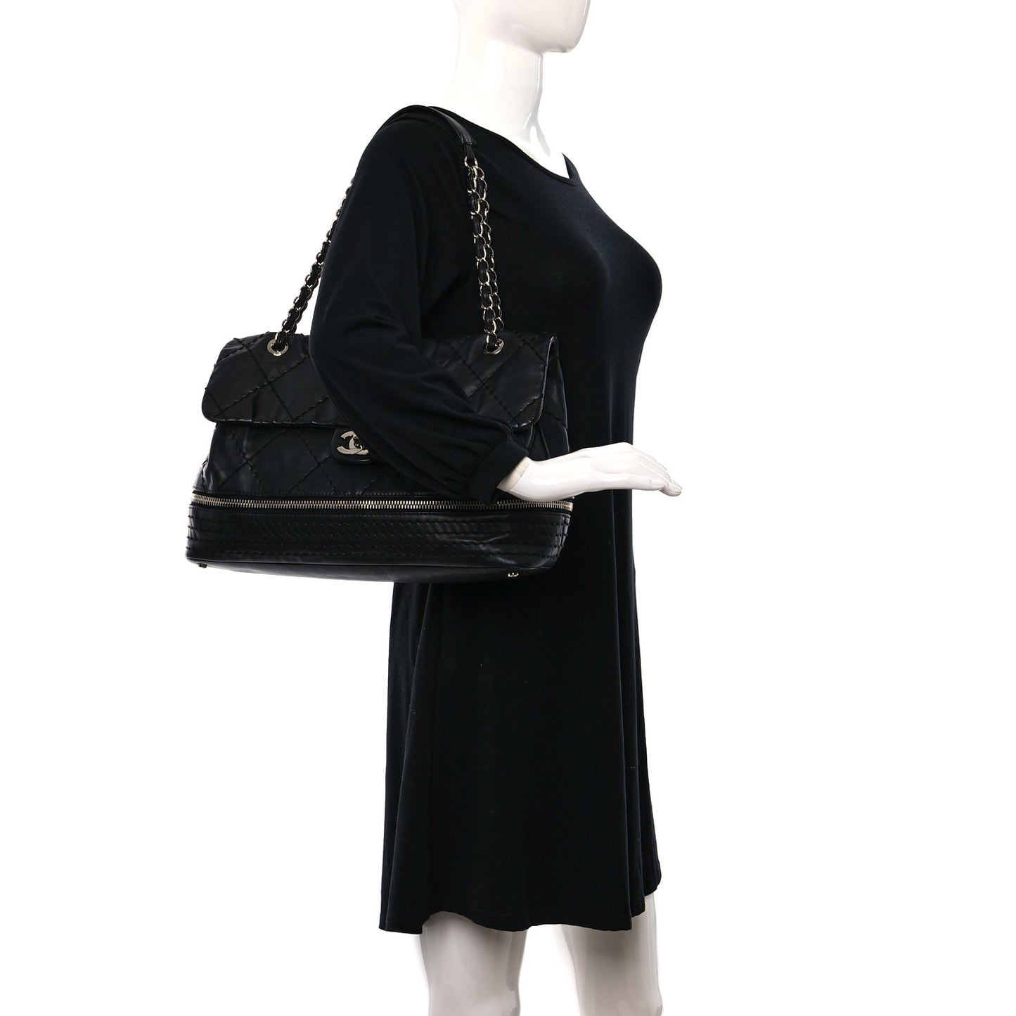 Calfskin Stitched Large Expandable Flap Bag Black