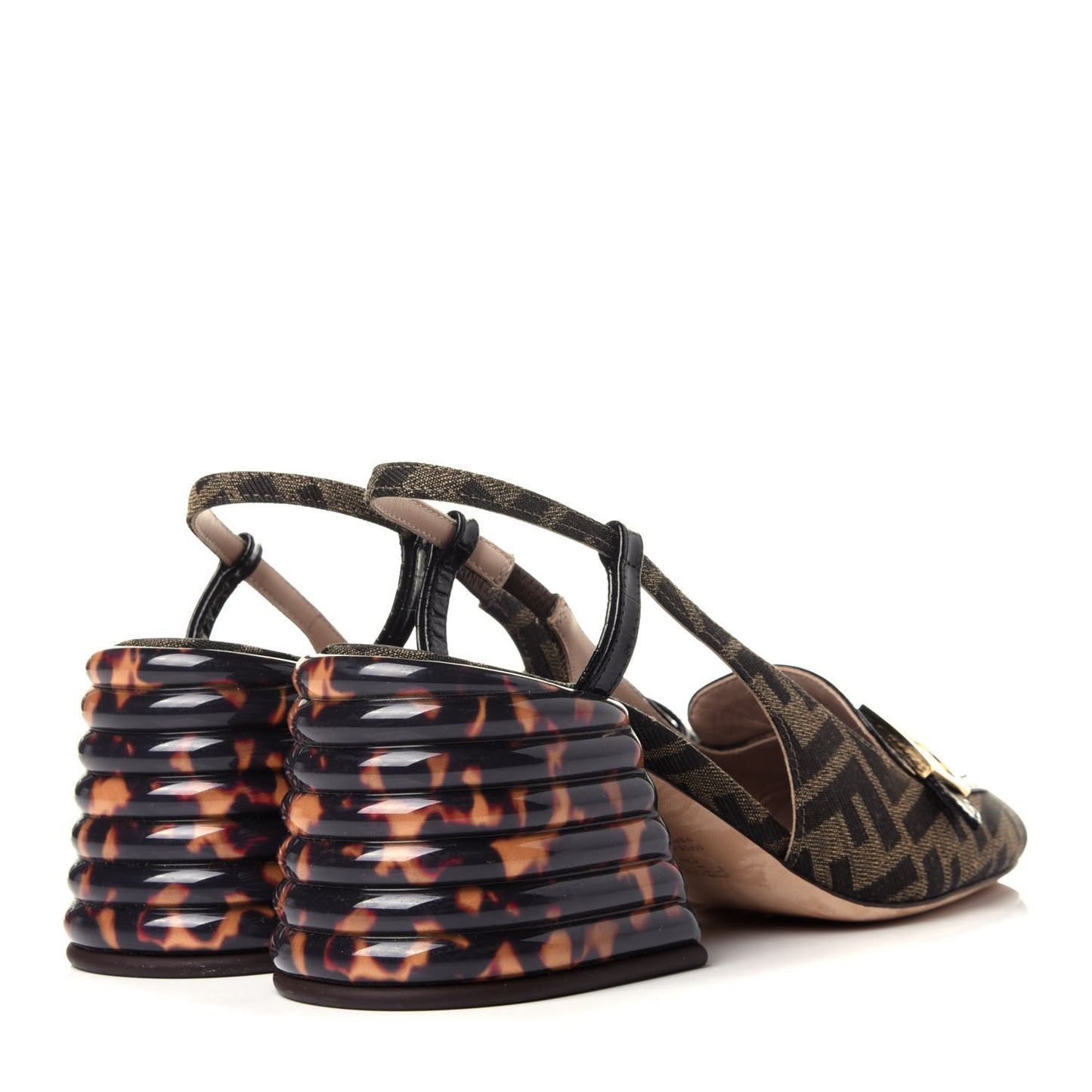 Jacquard Calfskin FF Tortoise Promenade Slingback Loafer Pumps 38 Tobacco