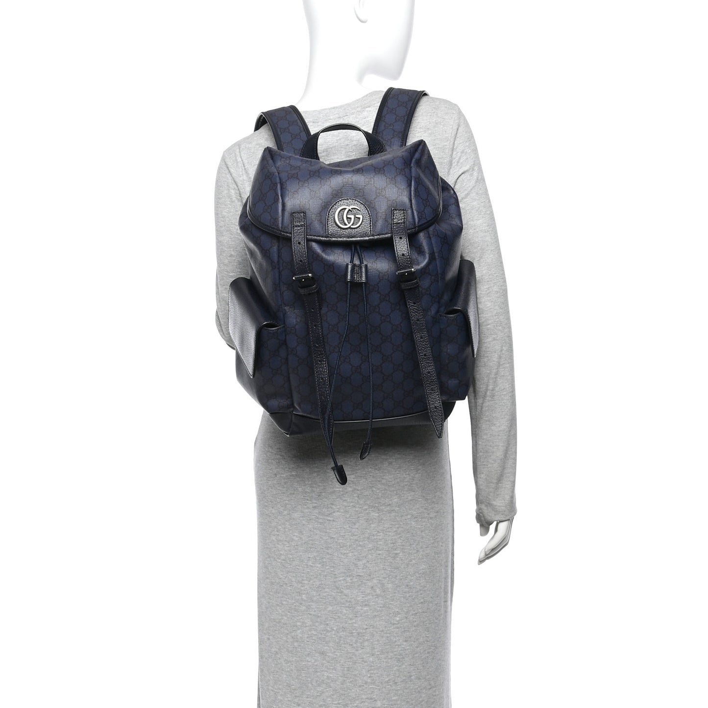 GG Supreme Monogram Textured Dollar Calfskin Medium Ophidia Double Buckle Backpack Blue Dark Blue Black