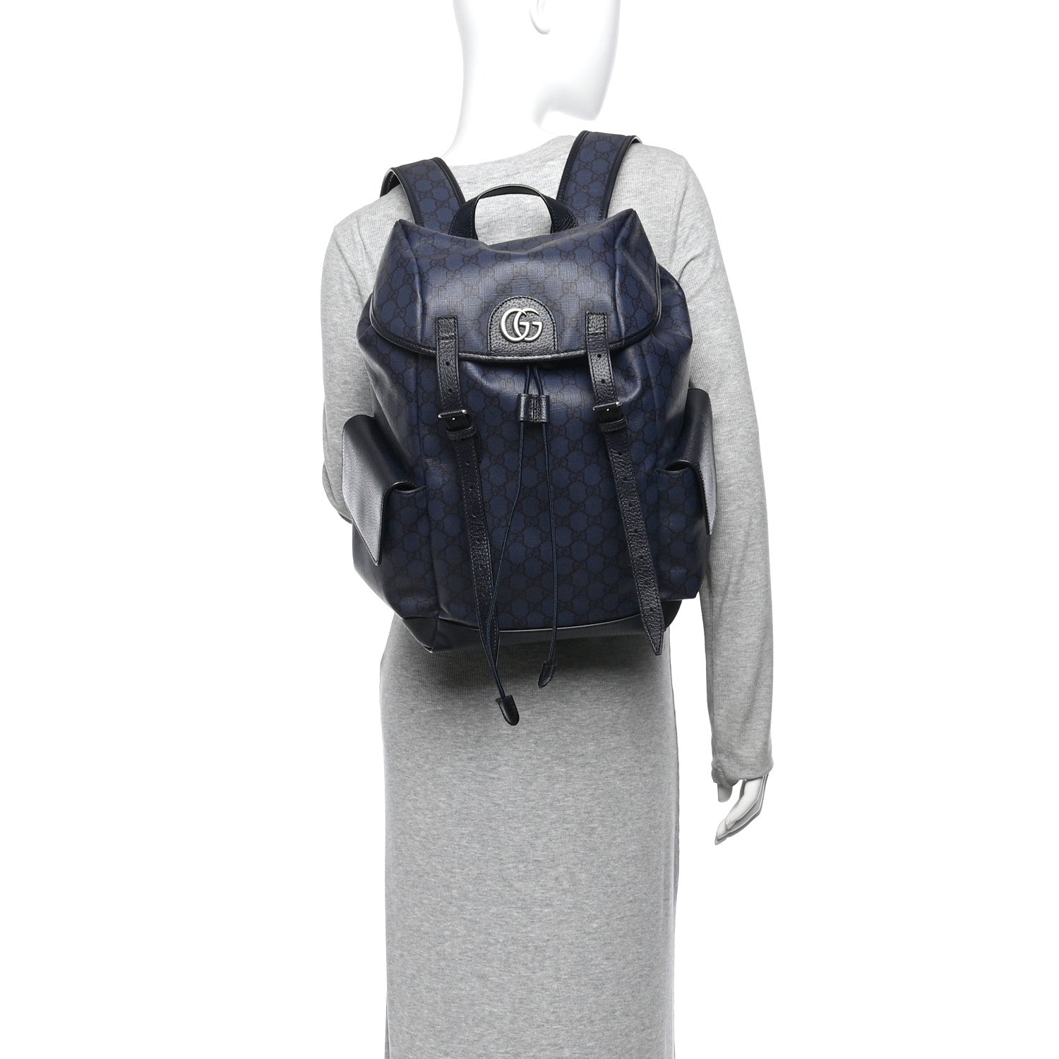 Gucci GG Supreme Monogram Textured Dollar Calfskin Medium Ophidia Double Buckle Backpack Blue Dark Blue Black 2 of 10