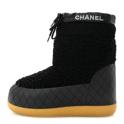Chanel Tweed Shearling Sheepskin Drawstring Snow Ankle Boots 36 Black 1 of 10
