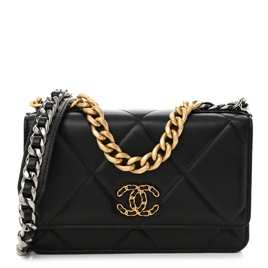 Lambskin Quilted Chanel 19 Wallet On Chain WOC Black