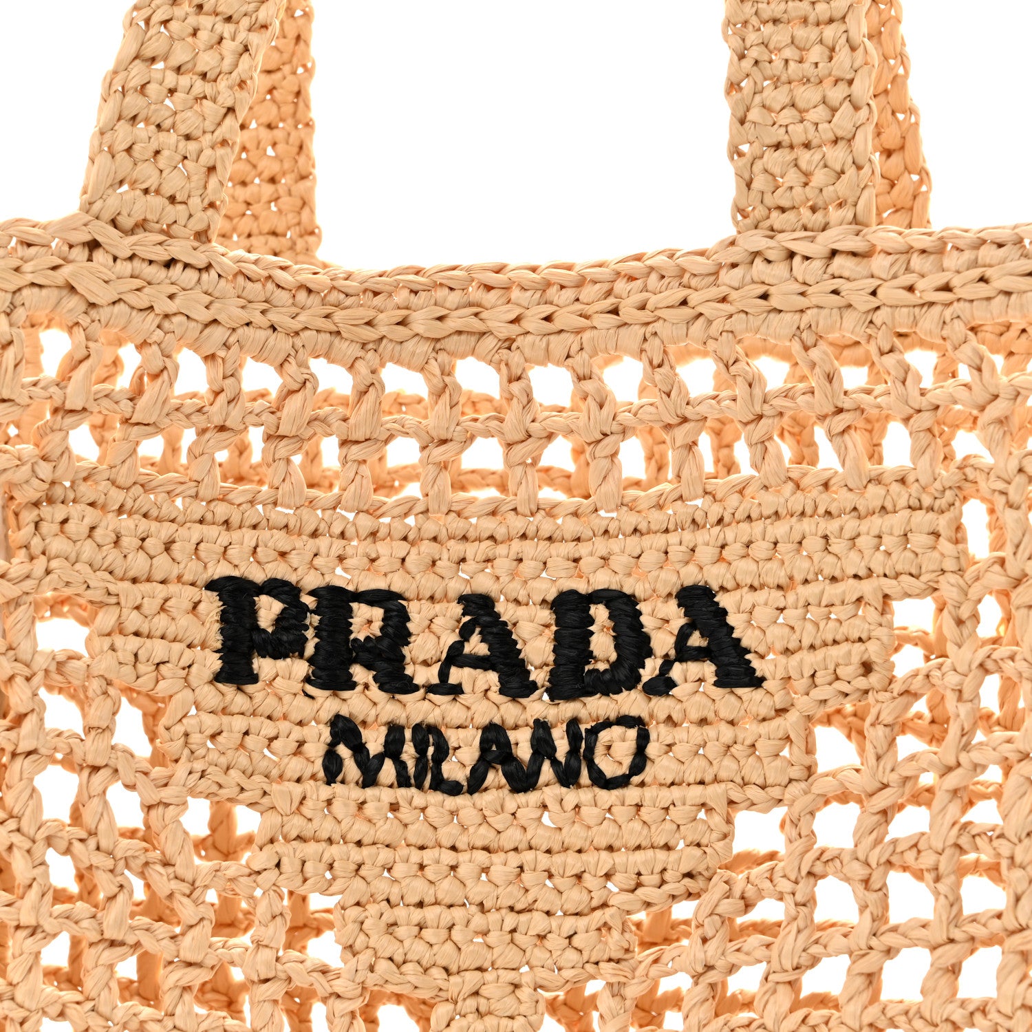 Prada Yarn Raffia Effect Crochet Logo Embroidered Small Tote Bag Naturale 7 of 12
