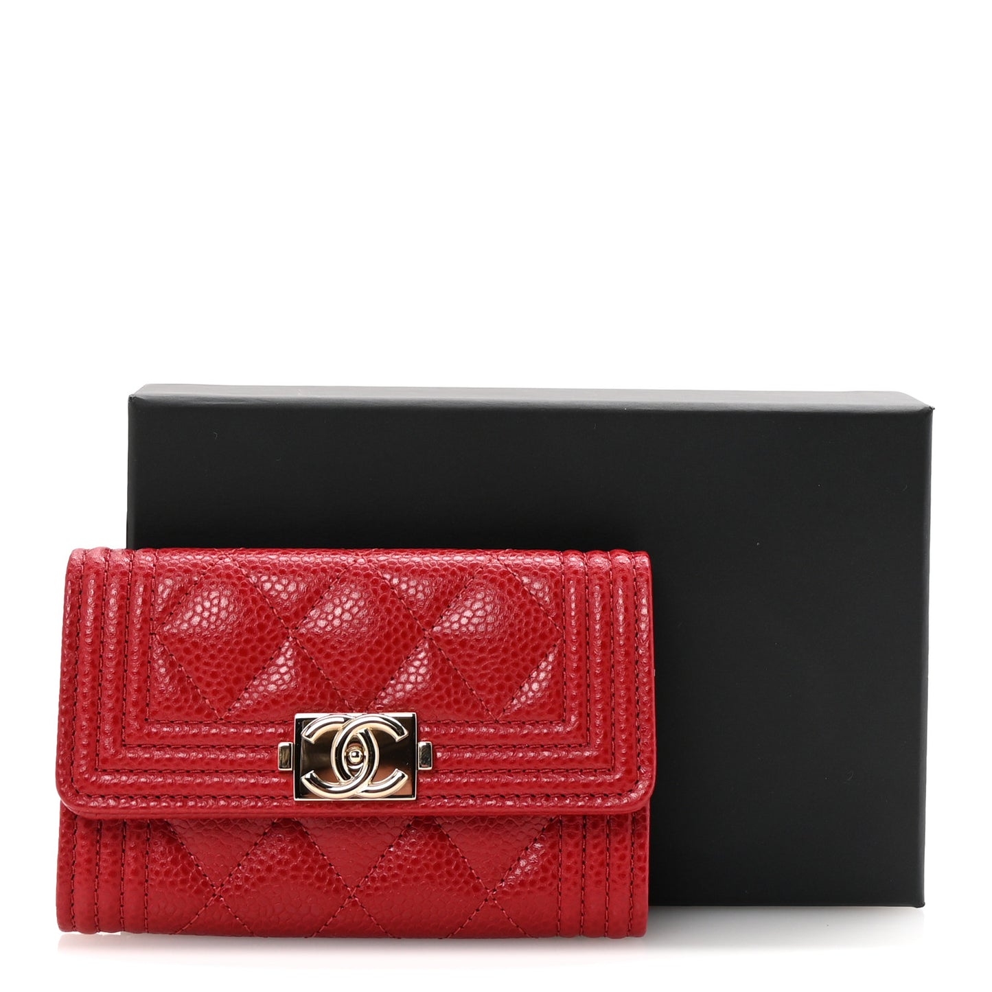 Caviar Quilted Boy Flap Card Holder Wallet Red