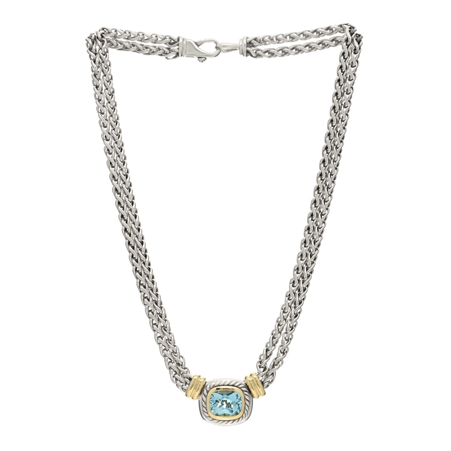 Sterling Silver 14K Yellow Gold Blue Topaz Double Wheat Chain Necklace