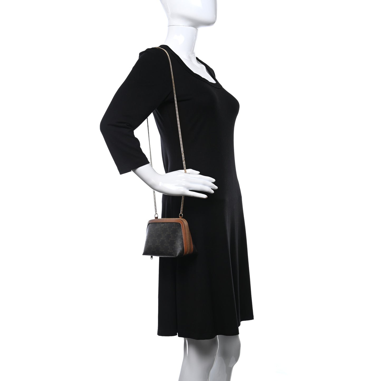 Triomphe Canvas Calfskin Mini Clutch on Chain Tan