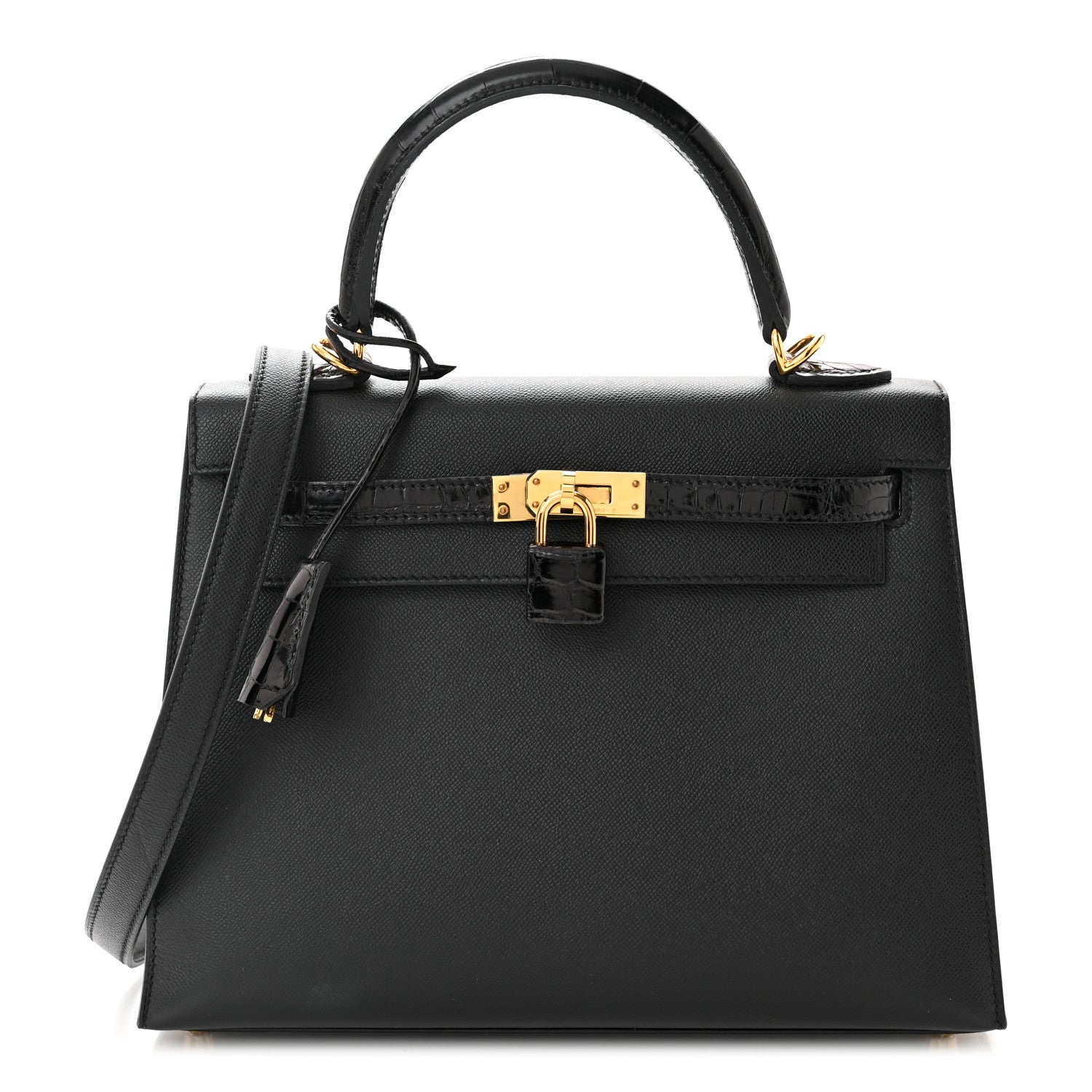 Hermes Madame Calfskin Shiny Niloticus Crocodile Kelly Sellier Touch 25 Black 1 of 11