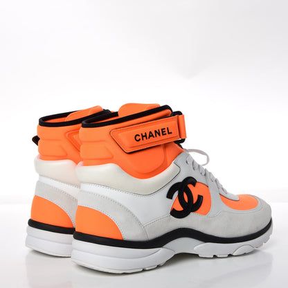 Chanel Suede Calfskin Lambskin Neoprene High Top CC Sneakers 38 White Fluo Orange 4 of 8