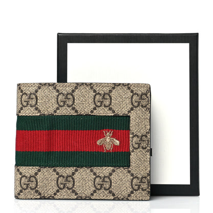 Gucci GG Supreme Monogram Selleria Calfskin Web Bee Embroidered New Web Bi-Fold Wallet Beige Ebony Cocoa 10 of 10