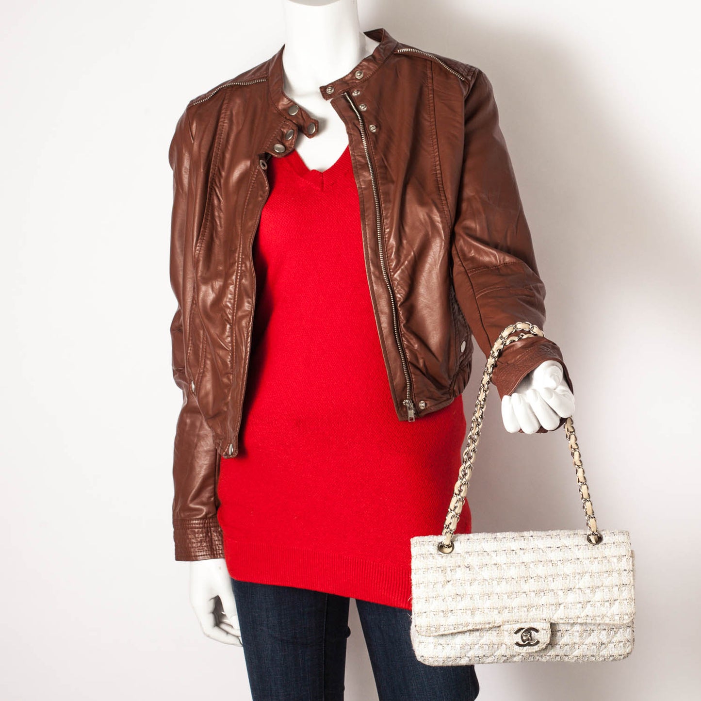 Tweed Medium Double Flap Beige