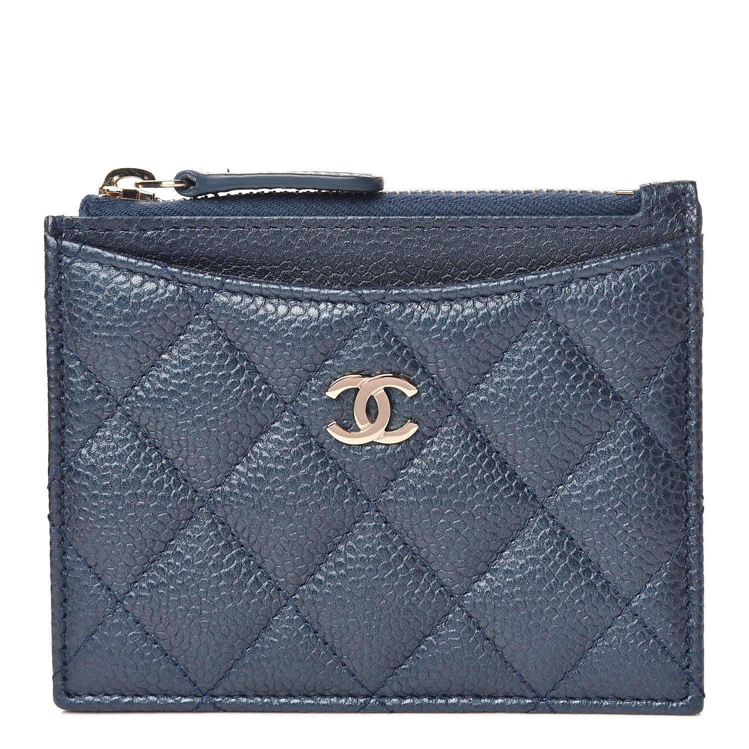 Chanel Metallic Caviar Quilted CC Zip Card Holder Dark Blue 1 of 8