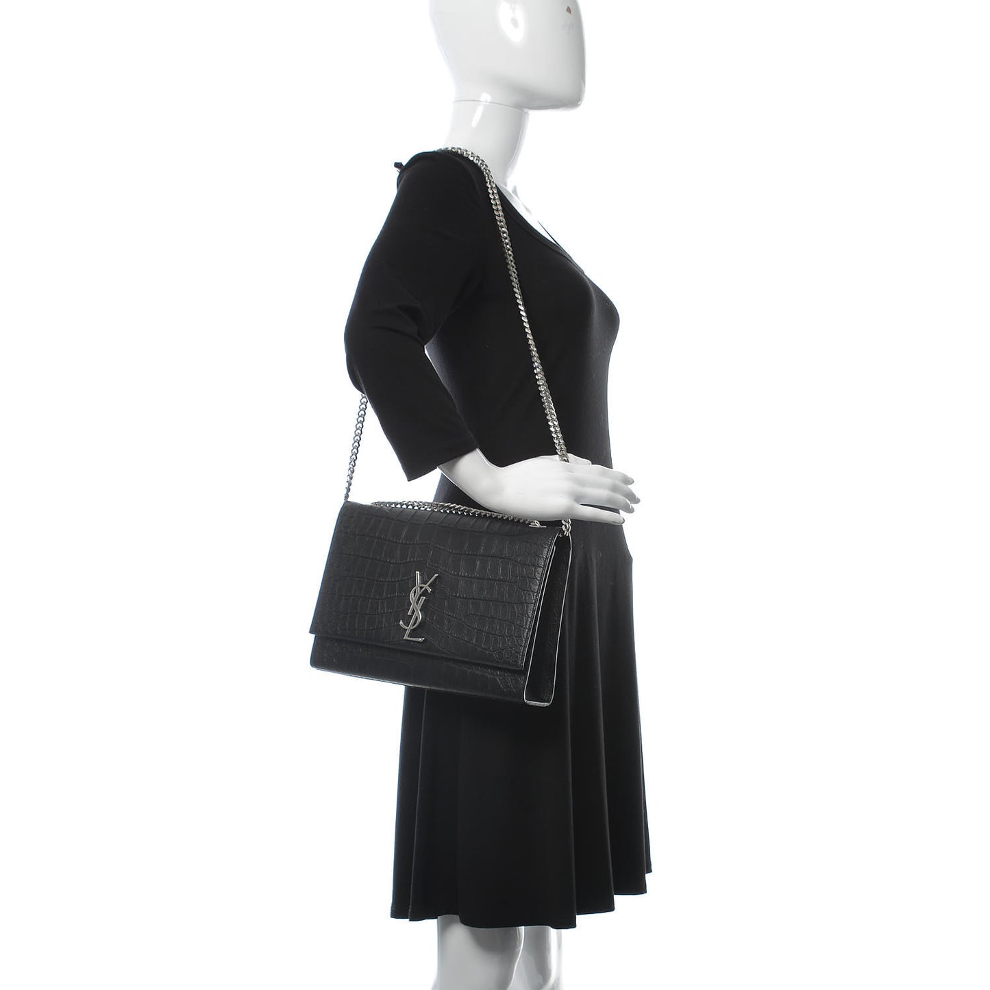 Calfskin Crocodile Embossed Large Classic Monogram Kate Satchel Black
