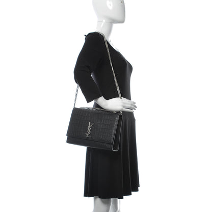 Saint Laurent Calfskin Crocodile Embossed Large Classic Monogram Kate Satchel Black 2 of 9
