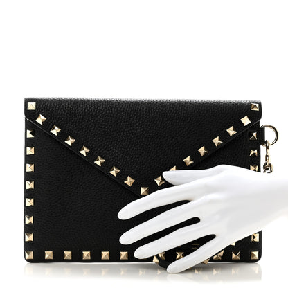 Valentino Garavani Pebbled Calfskin Medium Rockstud Envelope Flat Wristlet Pouch Black 2 of 8