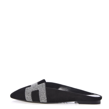 Hermes Suede Goatskin Crystal Roxane Mules 37 Gris Argente Black 1 of 6