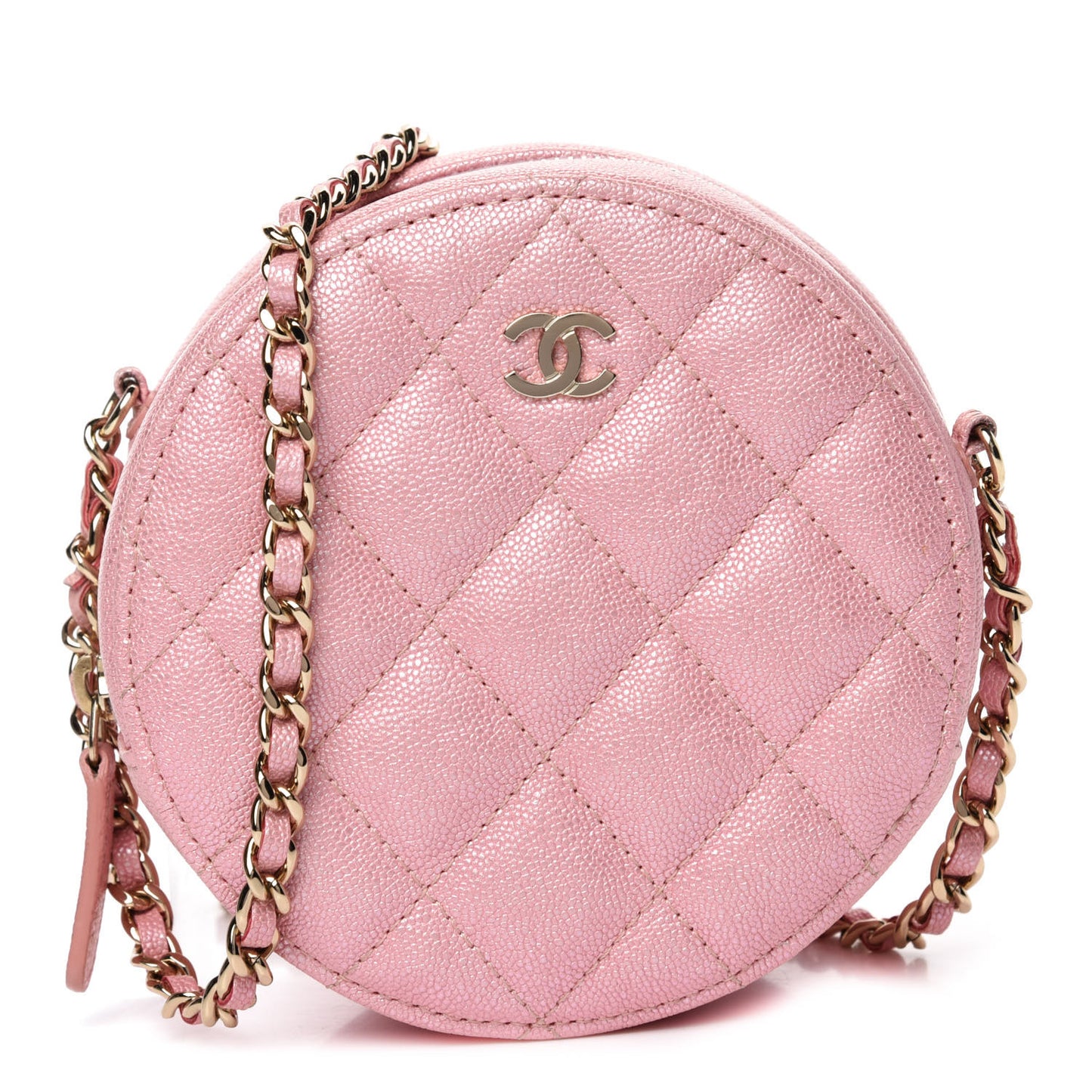 Iridescent Caviar Quilted Round Clutch With Chain Pink